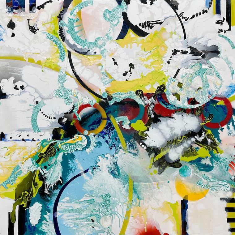 An abstract painting for art collectors titled "Helios" by Washington, DC artist Anne Marchand. A painting on canvas with circles, arcs and stripes. White, green, blue, yellow and red colors in fluid acrylic paints. Materials used are acrylic enamel paint, ink, spraypaint, fabric . Art is available for purchase. Contact the artist or the gallery annemarchand.com or Zenith Gallery Washington, DC